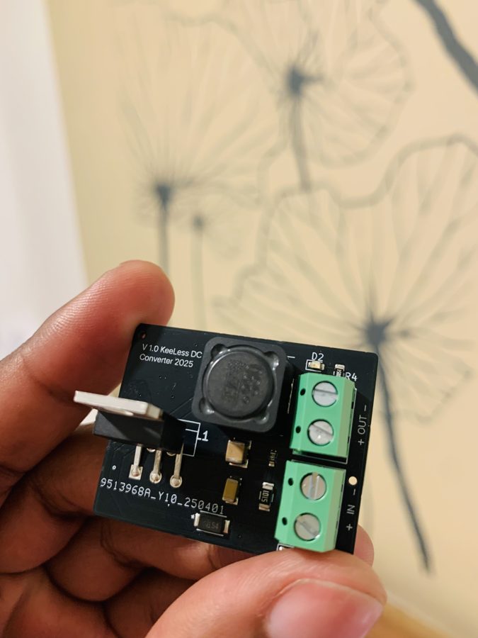 DC Converter v1.0 component side, showing the inductor, screw terminals and the board ID 9513968A_Y10_250401